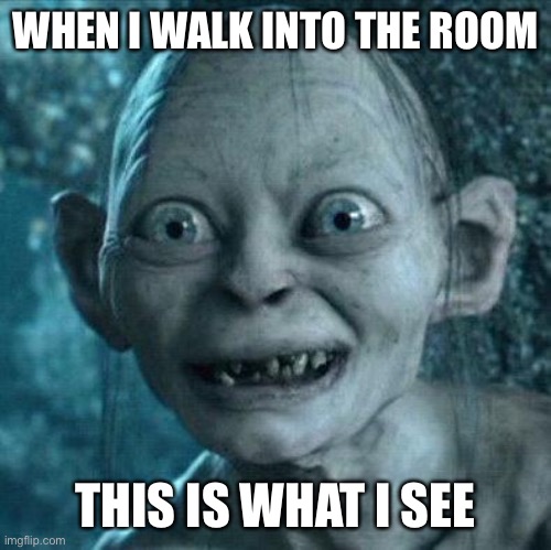 Times 7-10 |  WHEN I WALK INTO THE ROOM; THIS IS WHAT I SEE | image tagged in excited gollum,so true,new normal,memes,scared gollum | made w/ Imgflip meme maker
