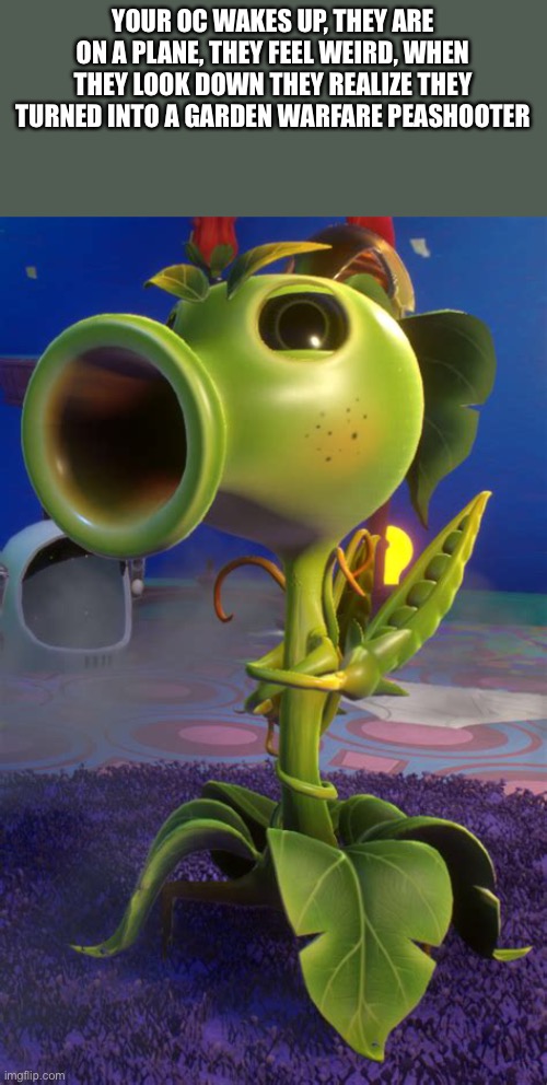 YOUR OC WAKES UP, THEY ARE ON A PLANE, THEY FEEL WEIRD, WHEN THEY LOOK DOWN THEY REALIZE THEY TURNED INTO A GARDEN WARFARE PEASHOOTER | made w/ Imgflip meme maker