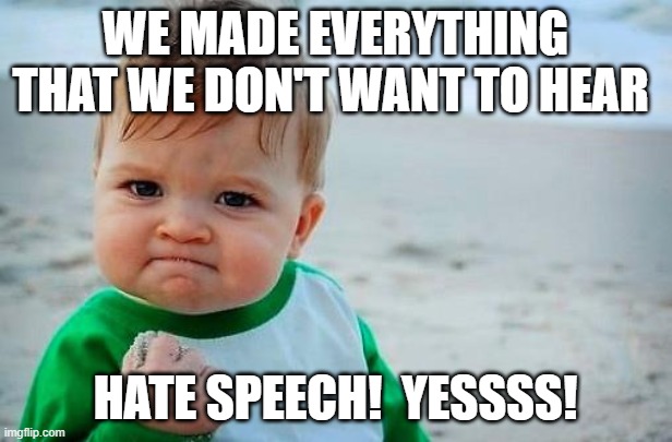 Hate Speech! | WE MADE EVERYTHING THAT WE DON'T WANT TO HEAR; HATE SPEECH!  YESSSS! | image tagged in victory baby,democrats,hate speech,1st amendment,politics,inclusivity | made w/ Imgflip meme maker
