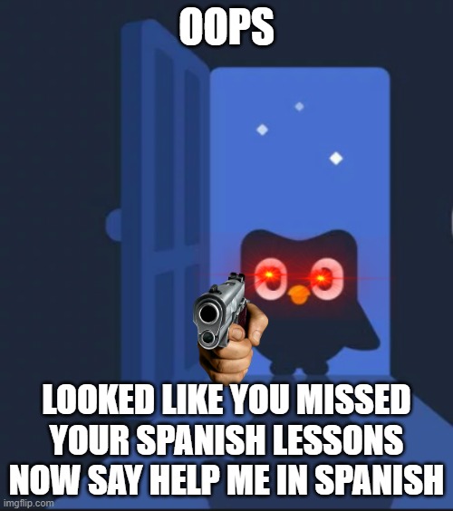 OOPS |  OOPS; LOOKED LIKE YOU MISSED YOUR SPANISH LESSONS NOW SAY HELP ME IN SPANISH | image tagged in duolingo bird | made w/ Imgflip meme maker