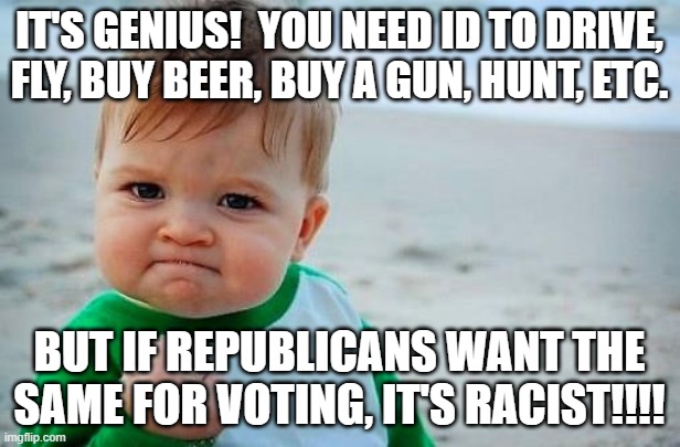 Voter ID is RACIST! | IT'S GENIUS!  YOU NEED ID TO DRIVE, FLY, BUY BEER, BUY A GUN, HUNT, ETC. BUT IF REPUBLICANS WANT THE SAME FOR VOTING, IT'S RACIST!!!! | image tagged in victory baby,republicans,democrat,voting,racist | made w/ Imgflip meme maker