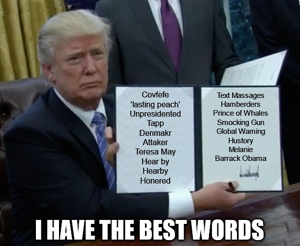 I have the best words. | Covfefe
'lasting peach'
Unpresidented
Tapp
Denmakr
Attaker
Teresa May
Hear by
Hearby
Honered; Text Massages
Hamberders
Prince of Whales
Smocking Gun
Global Waming
Hustory
Melanie
Barrack Obama; I HAVE THE BEST WORDS | image tagged in memes,trump bill signing,trump,best words | made w/ Imgflip meme maker