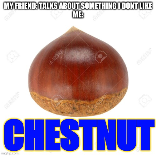 CHESTNUT | MY FRIEND: TALKS ABOUT SOMETHING I DONT LIKE
ME:; CHESTNUT | image tagged in chestnut | made w/ Imgflip meme maker