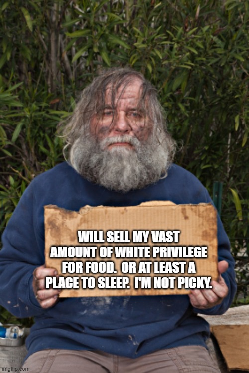 Being White seems so cool. | WILL SELL MY VAST AMOUNT OF WHITE PRIVILEGE FOR FOOD.  OR AT LEAST A PLACE TO SLEEP.  I'M NOT PICKY. | image tagged in blak homeless sign | made w/ Imgflip meme maker