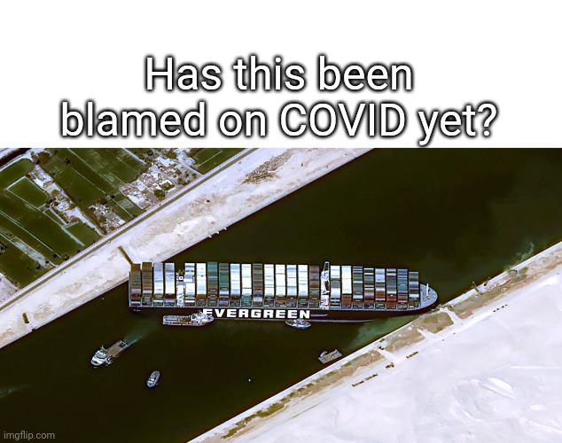 Evergreen ship covid | Has this been blamed on COVID yet? | image tagged in covid,evergreen,ship,stuck,container | made w/ Imgflip meme maker