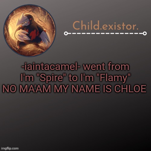 Child.existor announcement | -iaintacamel- went from I'm "Spire" to I'm "Flamy"
NO MA'AM MY NAME IS CHLOE | image tagged in child existor announcement | made w/ Imgflip meme maker