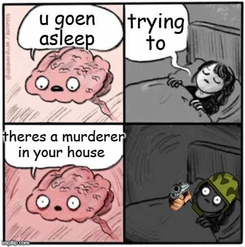 Brain Before Sleep | trying to; u goen asleep; theres a murderer in your house | image tagged in brain before sleep | made w/ Imgflip meme maker