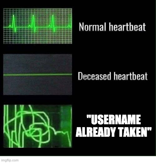 normal heartbeat deceased heartbeat | "USERNAME ALREADY TAKEN" | image tagged in normal heartbeat deceased heartbeat | made w/ Imgflip meme maker