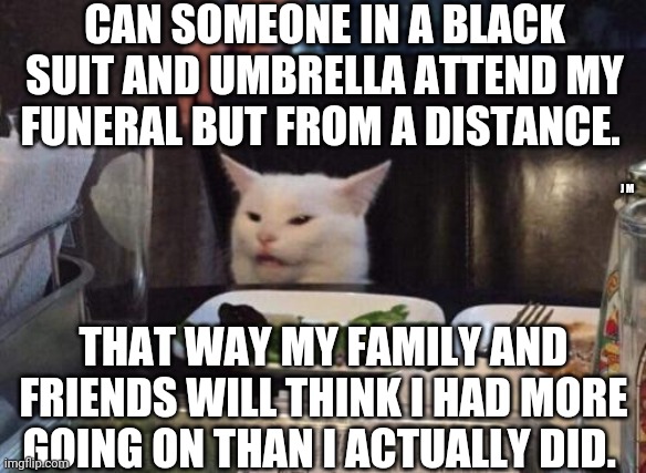 Salad cat | CAN SOMEONE IN A BLACK SUIT AND UMBRELLA ATTEND MY FUNERAL BUT FROM A DISTANCE. J M; THAT WAY MY FAMILY AND FRIENDS WILL THINK I HAD MORE GOING ON THAN I ACTUALLY DID. | image tagged in salad cat | made w/ Imgflip meme maker