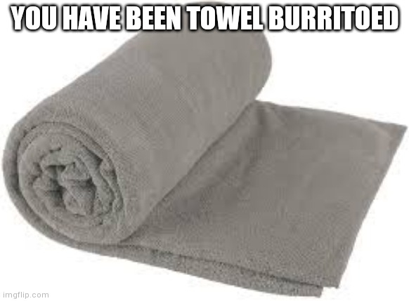 If you search towel burrito you can find it without the text or just screenshot this | YOU HAVE BEEN TOWEL BURRITOED | image tagged in towel burrito | made w/ Imgflip meme maker