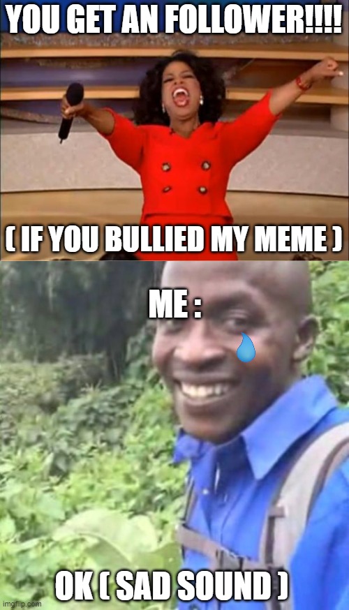 YOU GET AN FOLLOWERS | YOU GET AN FOLLOWER!!!! ( IF YOU BULLIED MY MEME ); ME :; OK ( SAD SOUND ) | image tagged in memes,oprah you get a,ok black guy ok dude | made w/ Imgflip meme maker