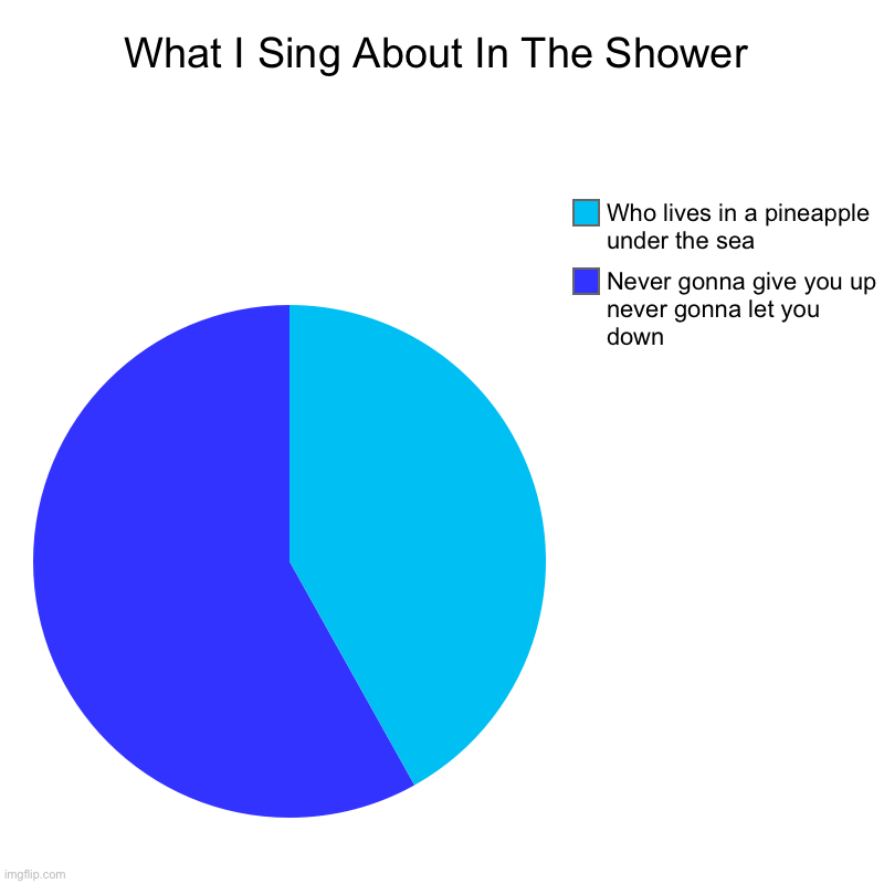 What I Sing About In The Shower | What I Sing About In The Shower | Never gonna give you up never gonna let you down , Who lives in a pineapple under the sea | image tagged in charts,pie charts | made w/ Imgflip chart maker