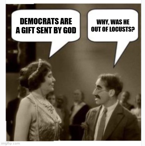 Groucho | WHY, WAS HE OUT OF LOCUSTS? DEMOCRATS ARE A GIFT SENT BY GOD | image tagged in groucho | made w/ Imgflip meme maker