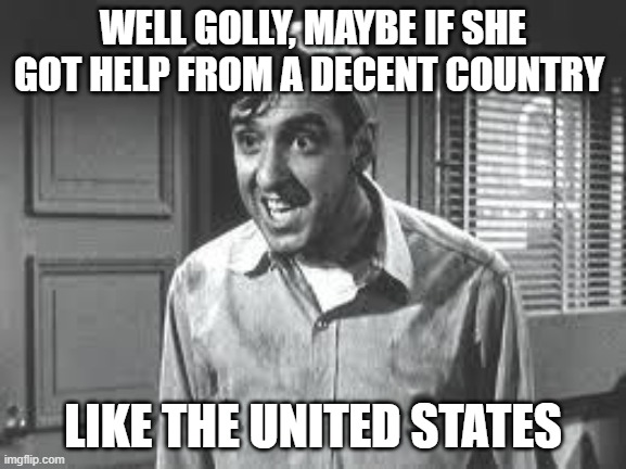 Gomer Pyle | WELL GOLLY, MAYBE IF SHE GOT HELP FROM A DECENT COUNTRY LIKE THE UNITED STATES | image tagged in gomer pyle | made w/ Imgflip meme maker