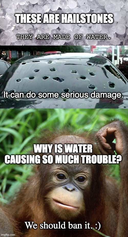 Hailstones: From Water | THESE ARE HAILSTONES; THEY ARE MADE OF WATER. It can do some serious damage. WHY IS WATER CAUSING SO MUCH TROUBLE? We should ban it. :) | image tagged in memes,thats a lot of damage,water,why | made w/ Imgflip meme maker