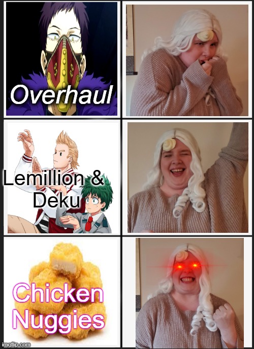Cosplay meme | Overhaul; Lemillion & 
Deku; Chicken Nuggies | image tagged in memes,panik kalm panik | made w/ Imgflip meme maker