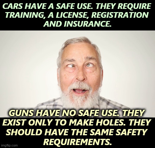 Do you want to play the cars vs. guns equivalency game? | CARS HAVE A SAFE USE. THEY REQUIRE 
TRAINING, A LICENSE, REGISTRATION 
AND INSURANCE. GUNS HAVE NO SAFE USE. THEY 
EXIST ONLY TO MAKE HOLES. THEY 
SHOULD HAVE THE SAME SAFETY 
REQUIREMENTS. | image tagged in cars,guns,training,license,insurance | made w/ Imgflip meme maker