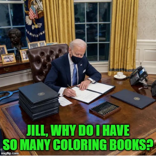Just try to stay in the lines Joey. | JILL, WHY DO I HAVE SO MANY COLORING BOOKS? | image tagged in biden executive orders,dementia,tyranny | made w/ Imgflip meme maker