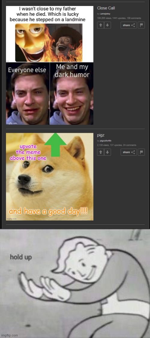 doge likes dark humor confirmed | image tagged in fallout hold up,doge | made w/ Imgflip meme maker