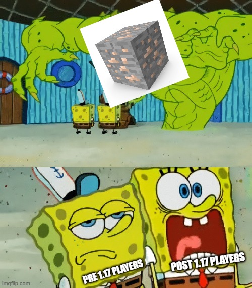 it happened with the villages, so it's probably gonna happen with the ores | POST 1.17 PLAYERS; PRE 1.17 PLAYERS | image tagged in 2 spongebobs monster,minecraft,stop reading the tags,i said stop,please,no ok | made w/ Imgflip meme maker