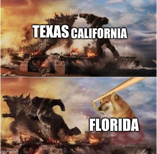 Florida |  CALIFORNIA; TEXAS; FLORIDA | image tagged in godzilla vs kong vs doge | made w/ Imgflip meme maker