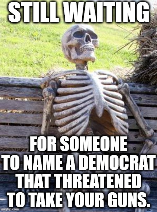 You've been crying about this for years but....? | STILL WAITING; FOR SOMEONE TO NAME A DEMOCRAT THAT THREATENED TO TAKE YOUR GUNS. | image tagged in memes,waiting skeleton,2nd amendment,guns,democrats | made w/ Imgflip meme maker