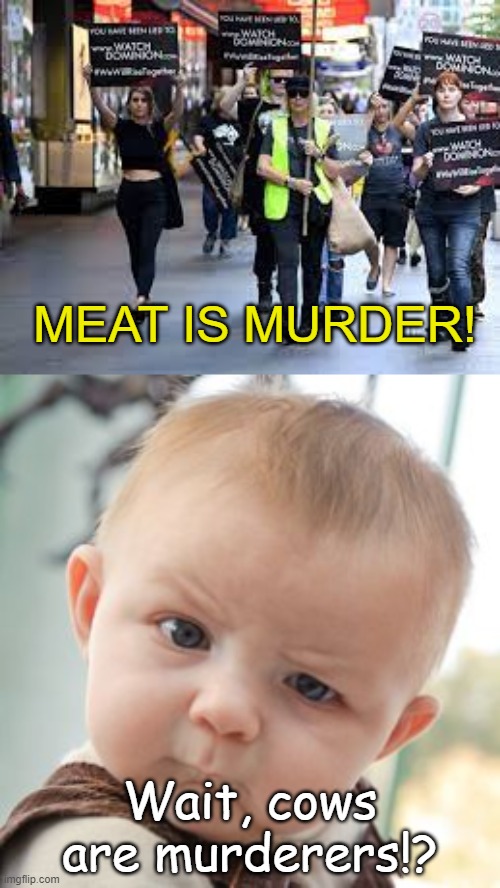  MEAT IS MURDER! Wait, cows are murderers!? | image tagged in memes,skeptical baby | made w/ Imgflip meme maker