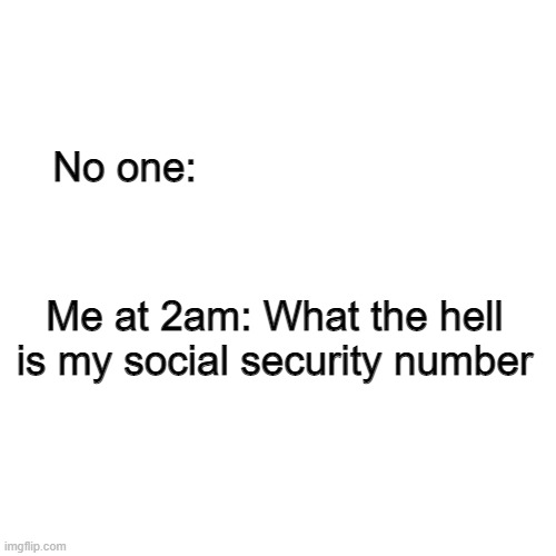 That moment at 2am | No one:; Me at 2am: What the hell is my social security number | image tagged in memes | made w/ Imgflip meme maker