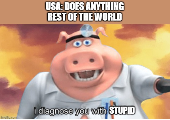 I diagnose you with dead | USA: DOES ANYTHING
REST OF THE WORLD; STUPID | image tagged in i diagnose you with dead | made w/ Imgflip meme maker