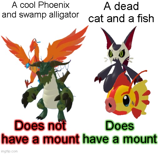 LL Meme | A cool Phoenix and swamp alligator; A dead cat and a fish; Does not have a mount; Does have a mount | image tagged in blank white template | made w/ Imgflip meme maker