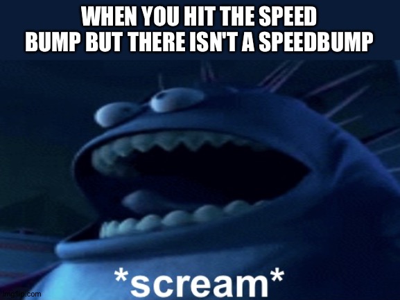 Screaming monster | WHEN YOU HIT THE SPEED BUMP BUT THERE ISN'T A SPEEDBUMP | image tagged in screaming monster | made w/ Imgflip meme maker