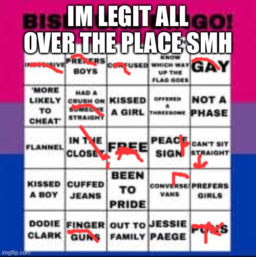 im all over |  IM LEGIT ALL OVER THE PLACE SMH | image tagged in bisexual bingo card | made w/ Imgflip meme maker