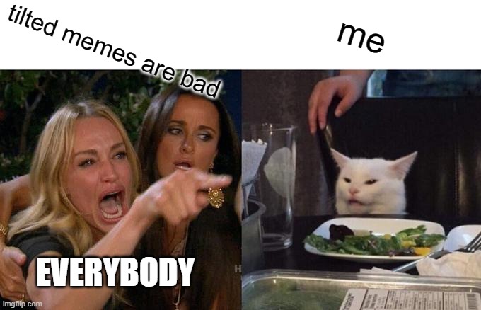 Woman Yelling At Cat | me; tilted memes are bad; EVERYBODY | image tagged in memes,woman yelling at cat | made w/ Imgflip meme maker
