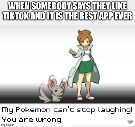 My Pokemon can't stop laughing! You are wrong! | WHEN SOMEBODY SAYS THEY LIKE TIKTOK AND IT IS THE BEST APP EVER | image tagged in my pokemon can't stop laughing you are wrong | made w/ Imgflip meme maker