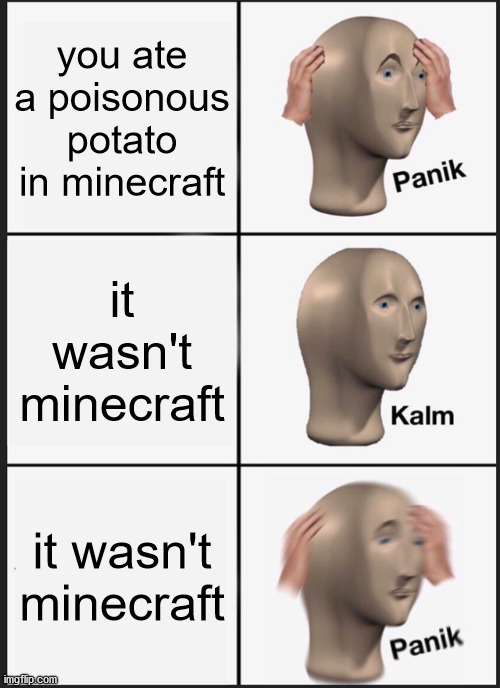 potato bad | you ate a poisonous potato in minecraft; it wasn't minecraft; it wasn't minecraft | image tagged in memes,panik kalm panik,potato | made w/ Imgflip meme maker