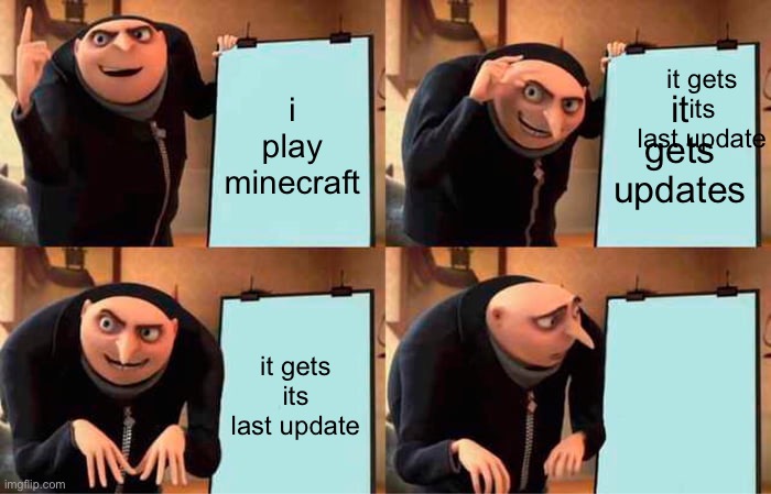 I dont want it to goooo | it gets its last update; i play minecraft; it gets updates; it gets its last update | image tagged in memes,gru's plan | made w/ Imgflip meme maker