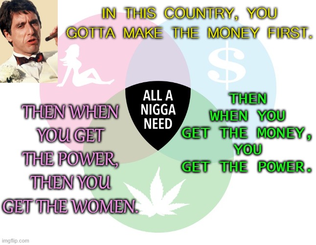 In this country, you gotta make the money first... | THEN WHEN YOU GET THE MONEY, YOU GET THE POWER. IN THIS COUNTRY, YOU GOTTA MAKE THE MONEY FIRST. THEN WHEN YOU GET THE POWER, THEN YOU GET THE WOMEN. | image tagged in the holy trinity | made w/ Imgflip meme maker