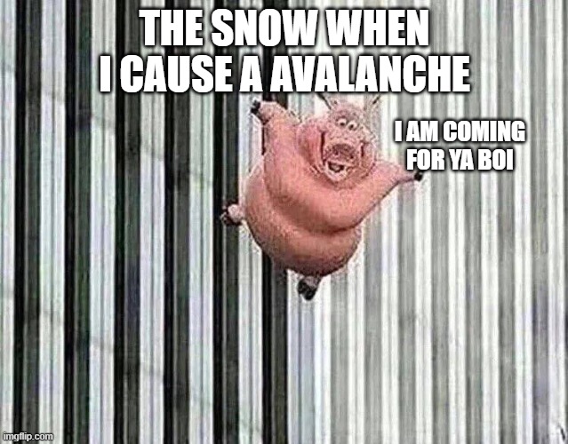 the falling avalanche | THE SNOW WHEN I CAUSE A AVALANCHE; I AM COMING FOR YA BOI | image tagged in falling pig | made w/ Imgflip meme maker