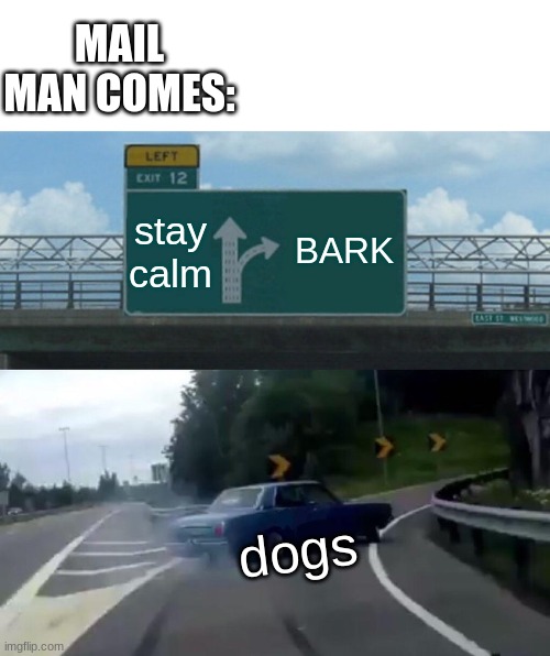 Left Exit 12 Off Ramp |  MAIL MAN COMES:; stay calm; BARK; dogs | image tagged in memes,left exit 12 off ramp | made w/ Imgflip meme maker