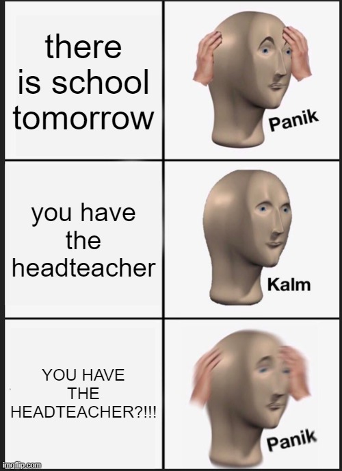 This is reality | there is school tomorrow; you have the headteacher; YOU HAVE THE HEADTEACHER?!!! | image tagged in memes,panik kalm panik | made w/ Imgflip meme maker