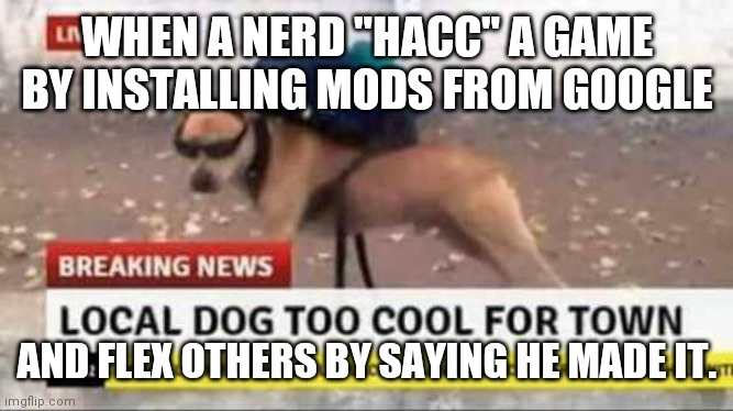 local dog too cool | WHEN A NERD "HACC" A GAME BY INSTALLING MODS FROM GOOGLE; AND FLEX OTHERS BY SAYING HE MADE IT. | image tagged in local dog too cool | made w/ Imgflip meme maker