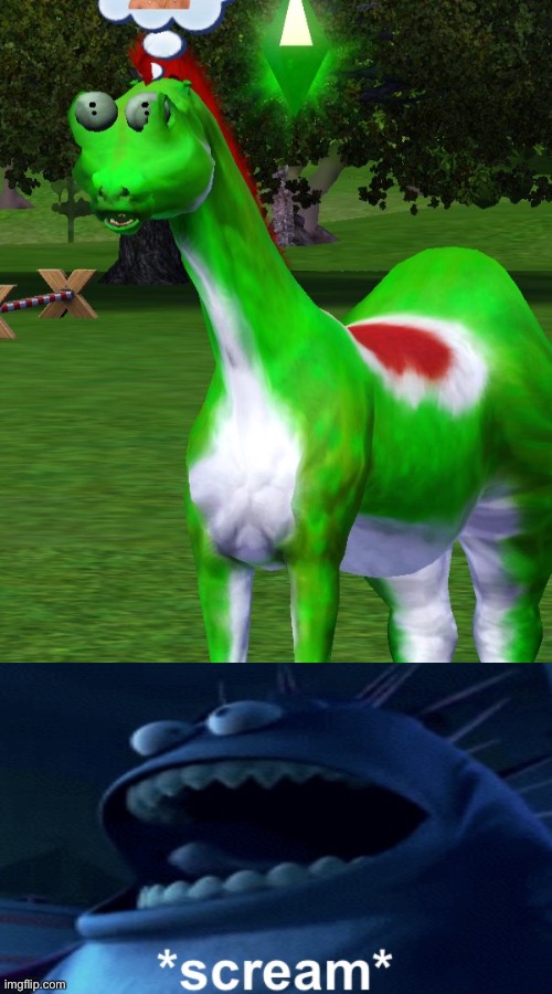 Cursed yoshi | image tagged in screaming monster,memes,funny,yoshi,sims,cursed image | made w/ Imgflip meme maker
