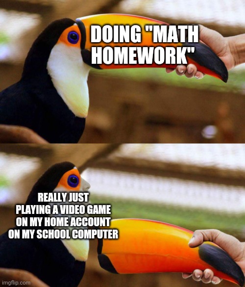 Plants vs zombies or bloons 6 | DOING ''MATH HOMEWORK''; REALLY JUST PLAYING A VIDEO GAME ON MY HOME ACCOUNT ON MY SCHOOL COMPUTER | image tagged in toucan beak,school | made w/ Imgflip meme maker