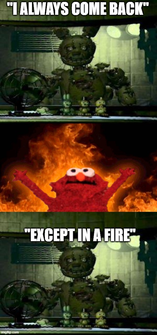 Springtrap has lied to you | "I ALWAYS COME BACK"; "EXCEPT IN A FIRE" | image tagged in fnaf springtrap in window,elmo fire,lie | made w/ Imgflip meme maker