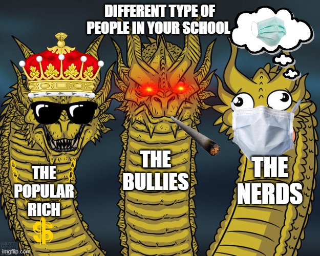 Three-headed Dragon | DIFFERENT TYPE OF PEOPLE IN YOUR SCHOOL; THE BULLIES; THE NERDS; THE POPULAR RICH | image tagged in three-headed dragon | made w/ Imgflip meme maker