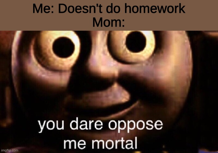 You dare oppose me mortal | Me: Doesn't do homework
Mom: | image tagged in you dare oppose me mortal | made w/ Imgflip meme maker
