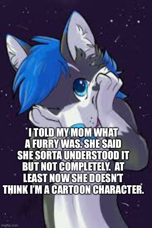 Art not mine | I TOLD MY MOM WHAT A FURRY WAS. SHE SAID SHE SORTA UNDERSTOOD IT BUT NOT COMPLETELY.  AT LEAST NOW SHE DOESN’T THINK I’M A CARTOON CHARACTER. | image tagged in furry | made w/ Imgflip meme maker