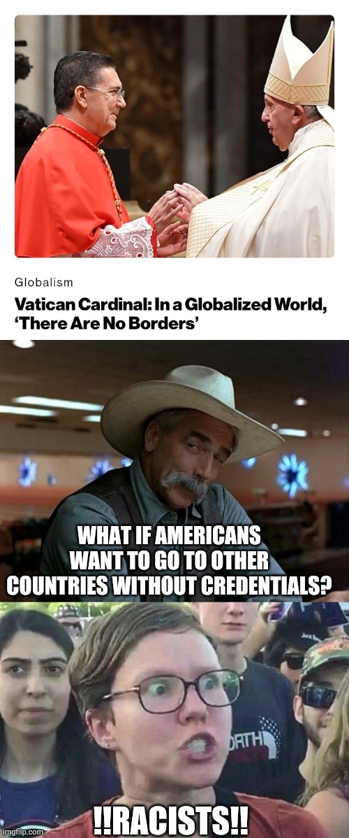 Politics and stuff | WHAT IF AMERICANS WANT TO GO TO OTHER COUNTRIES WITHOUT CREDENTIALS? !!RACISTS!! | image tagged in special kind of stupid,triggered liberal | made w/ Imgflip meme maker