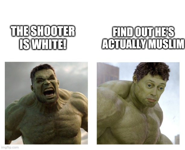 Wrongo | FIND OUT HE'S ACTUALLY MUSLIM; THE SHOOTER IS WHITE! | image tagged in hulk angry then realizes he's wrong,wrong,hulk,politics,colorado | made w/ Imgflip meme maker