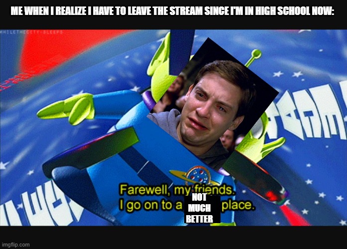I delayed this till March | ME WHEN I REALIZE I HAVE TO LEAVE THE STREAM SINCE I'M IN HIGH SCHOOL NOW:; NOT MUCH BETTER | image tagged in farewell friends | made w/ Imgflip meme maker